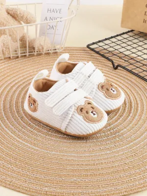 1pair Boys' Cartoon Bear Corduroy Sneakers With Flat Sole Fashionable For Parties And Cute For Sports-FD