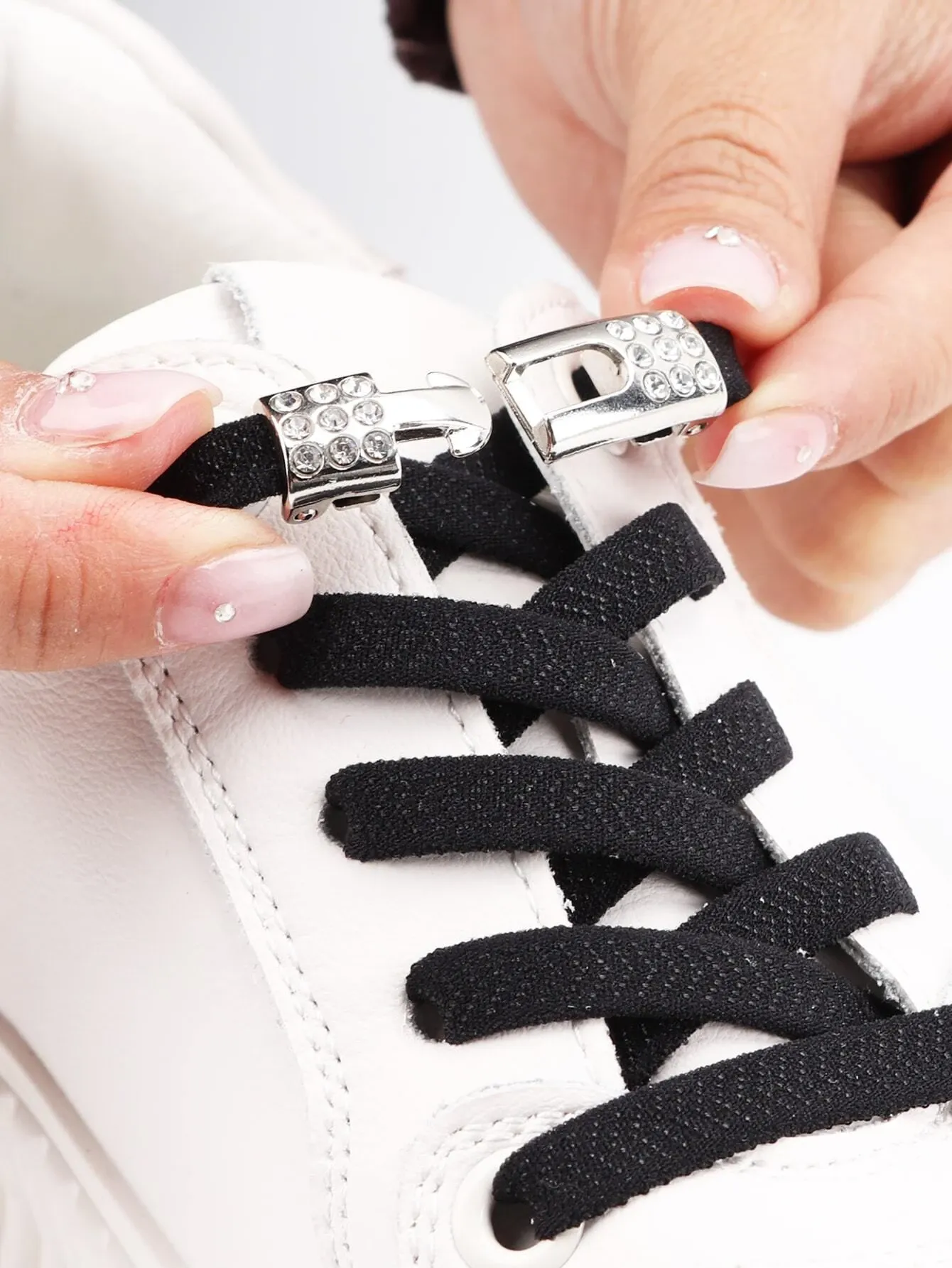 1pair Rhinestone Decor No-tie Shoelaces With Buckle, Polyester Fashionable Accessories For Sneakers