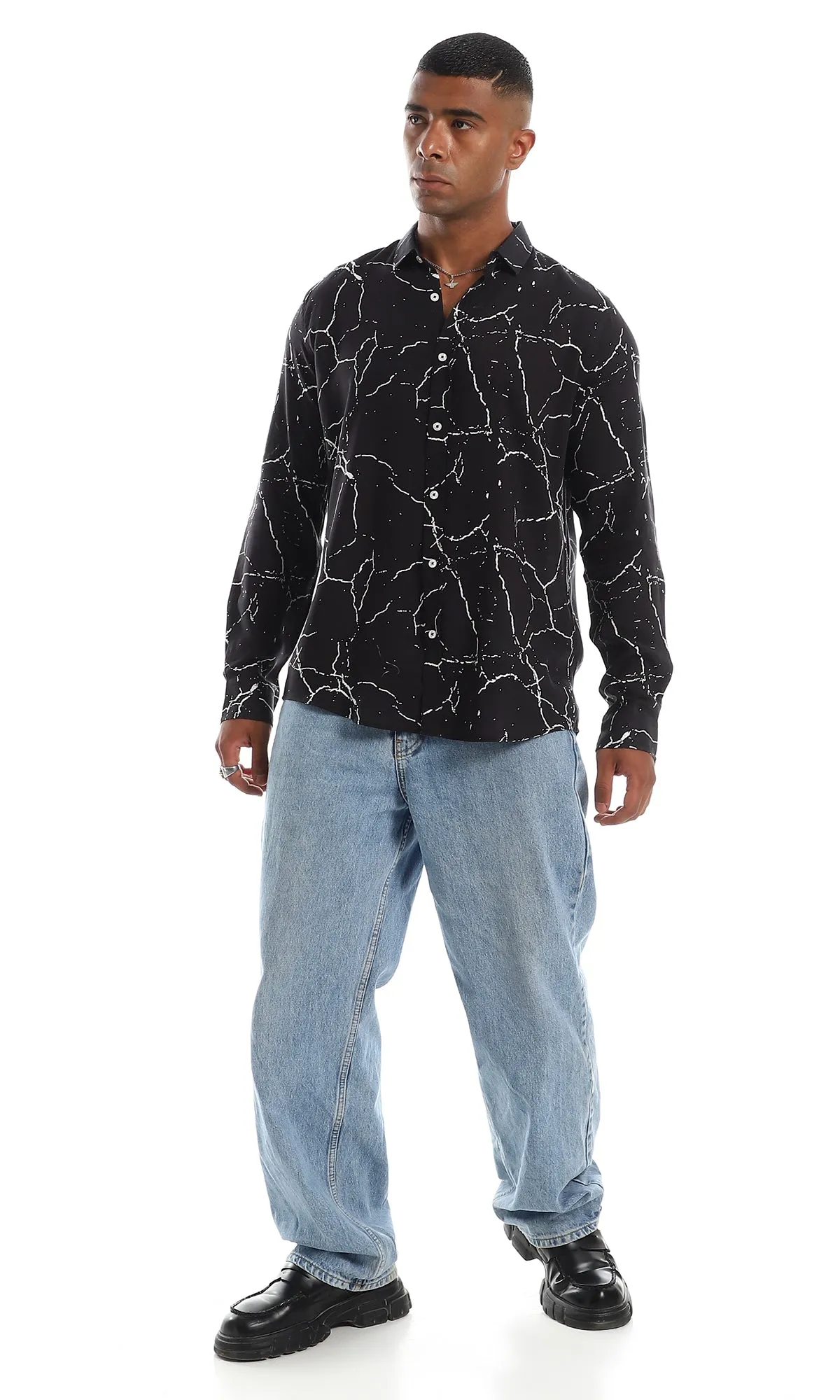 97830 Fashionable Marble Pattern Button Down Shirt - Black & White