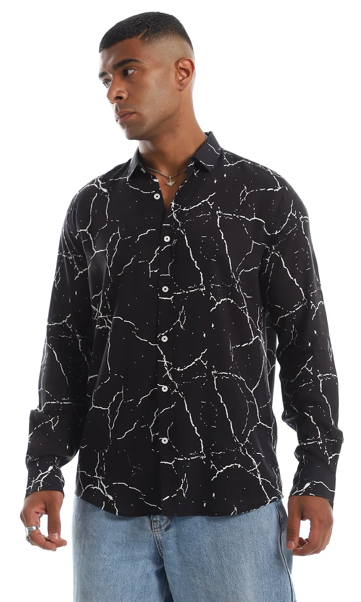 97830 Fashionable Marble Pattern Button Down Shirt - Black & White