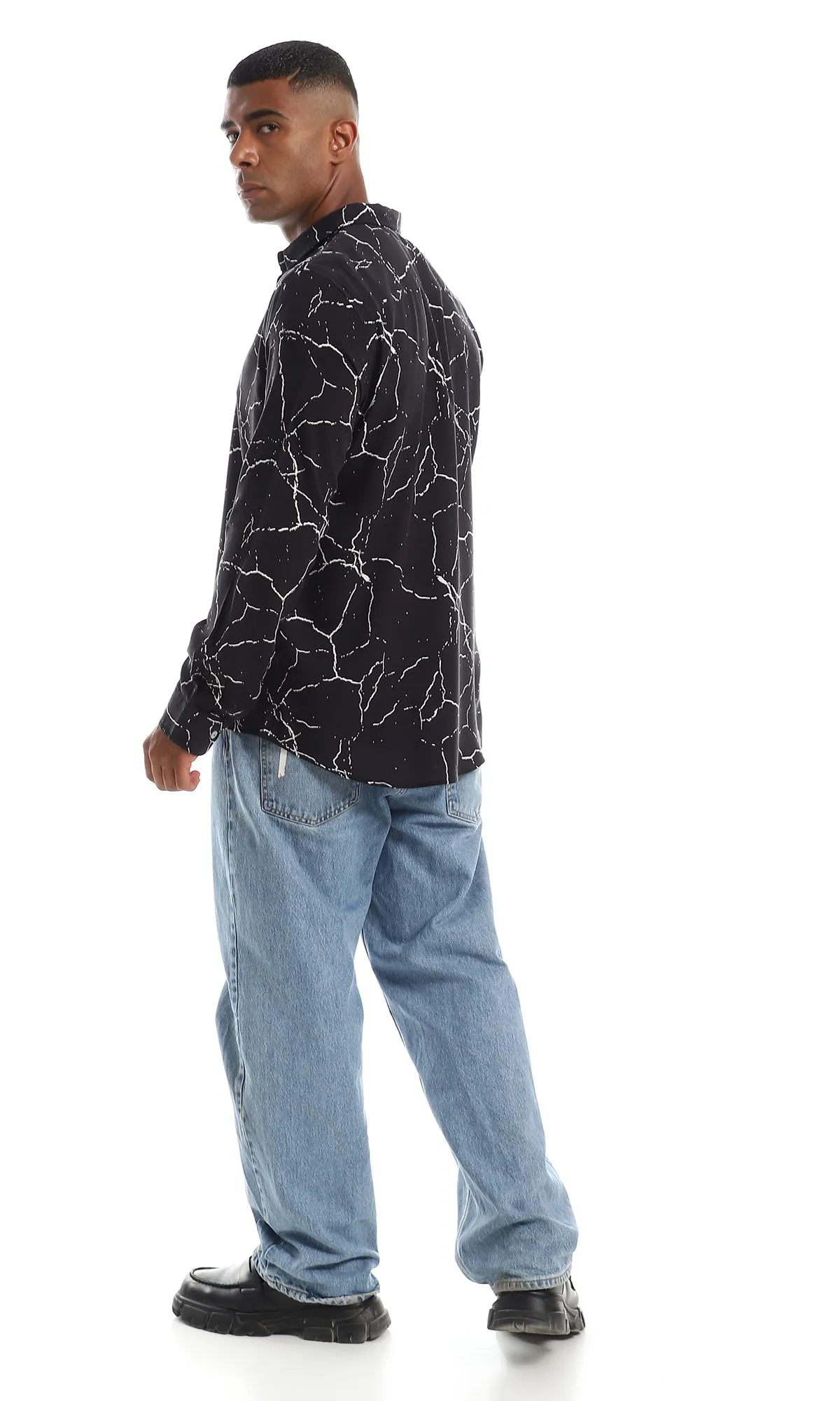 97830 Fashionable Marble Pattern Button Down Shirt - Black & White