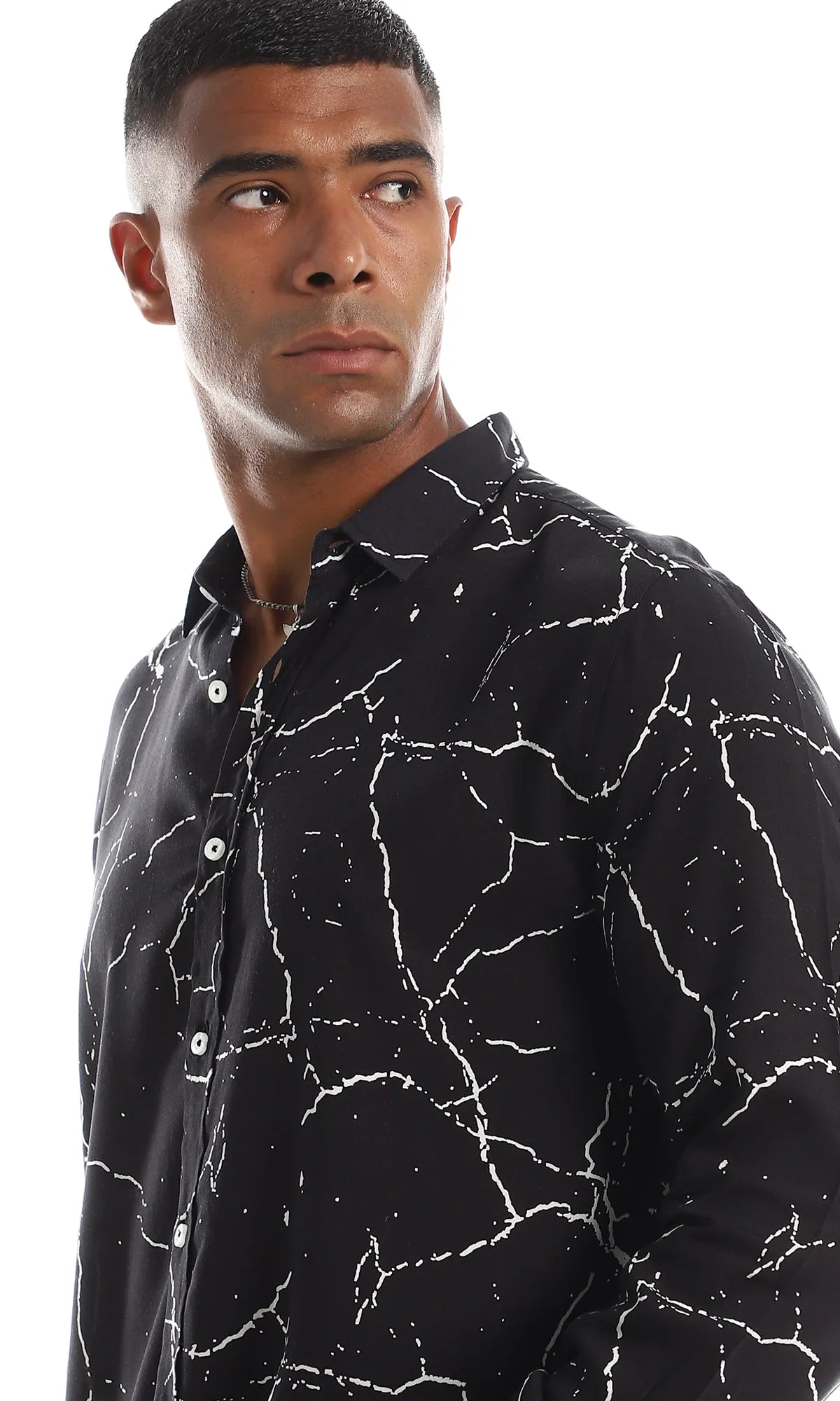 97830 Fashionable Marble Pattern Button Down Shirt - Black & White