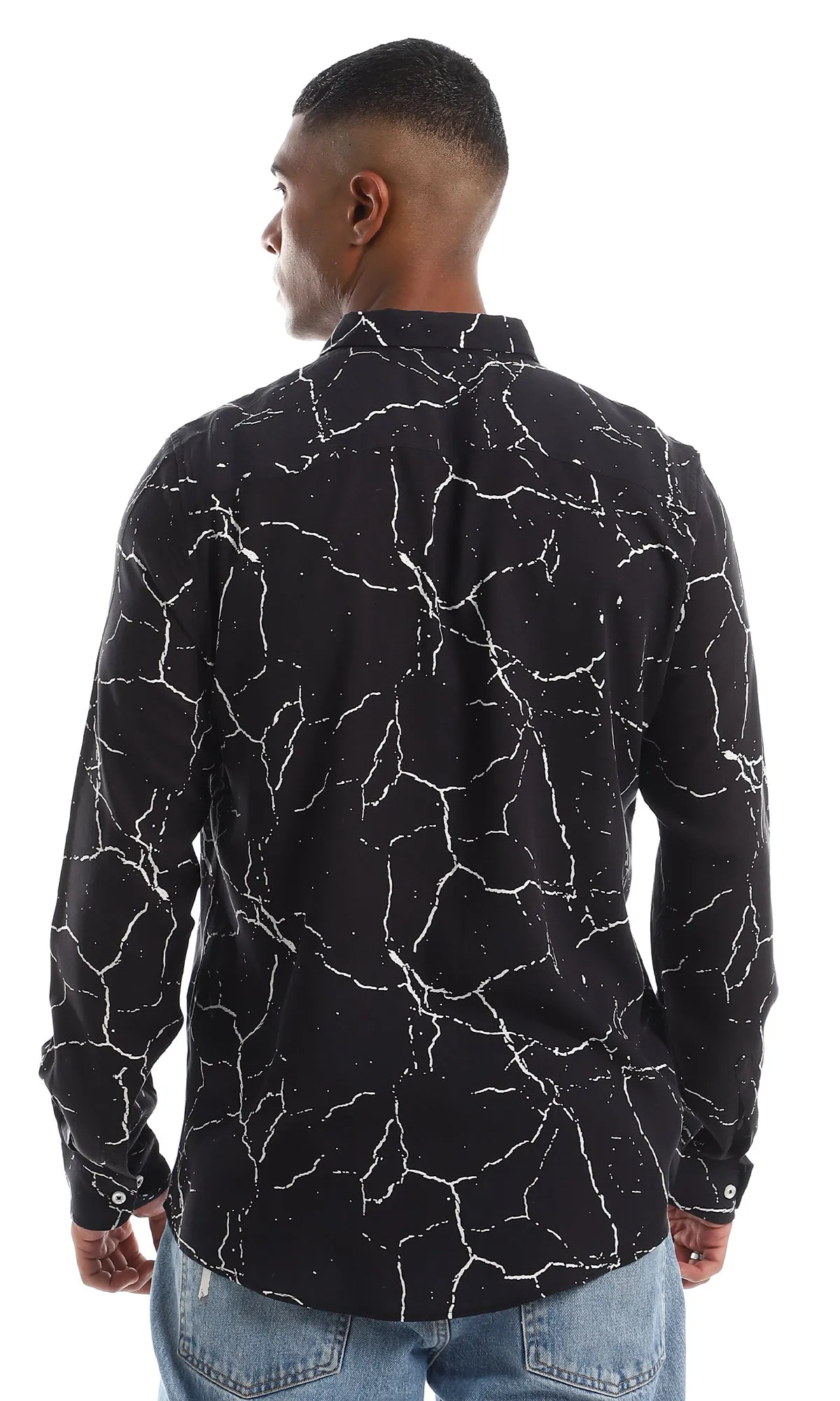 97830 Fashionable Marble Pattern Button Down Shirt - Black & White