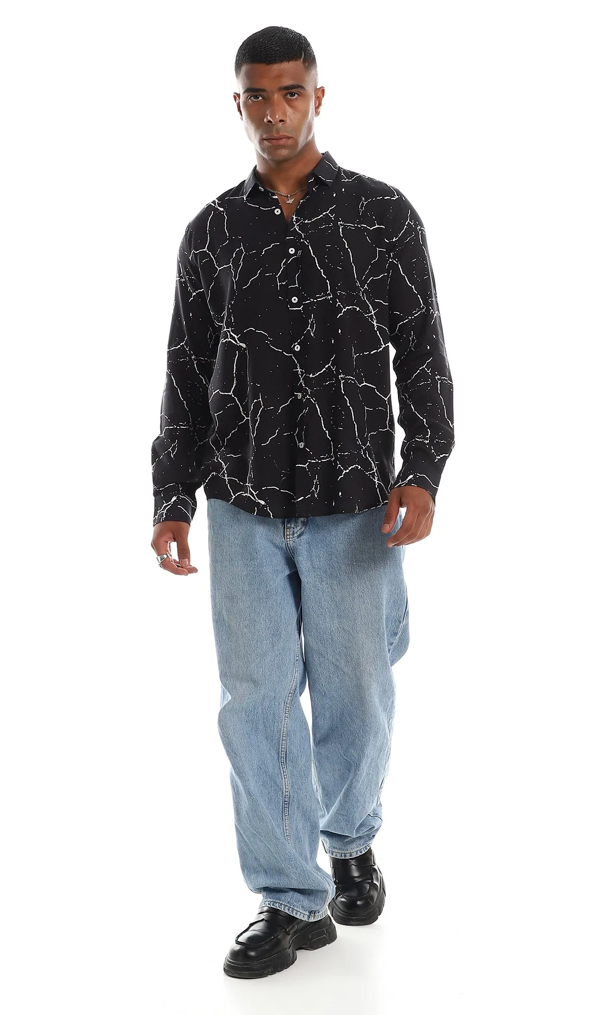 97830 Fashionable Marble Pattern Button Down Shirt - Black & White