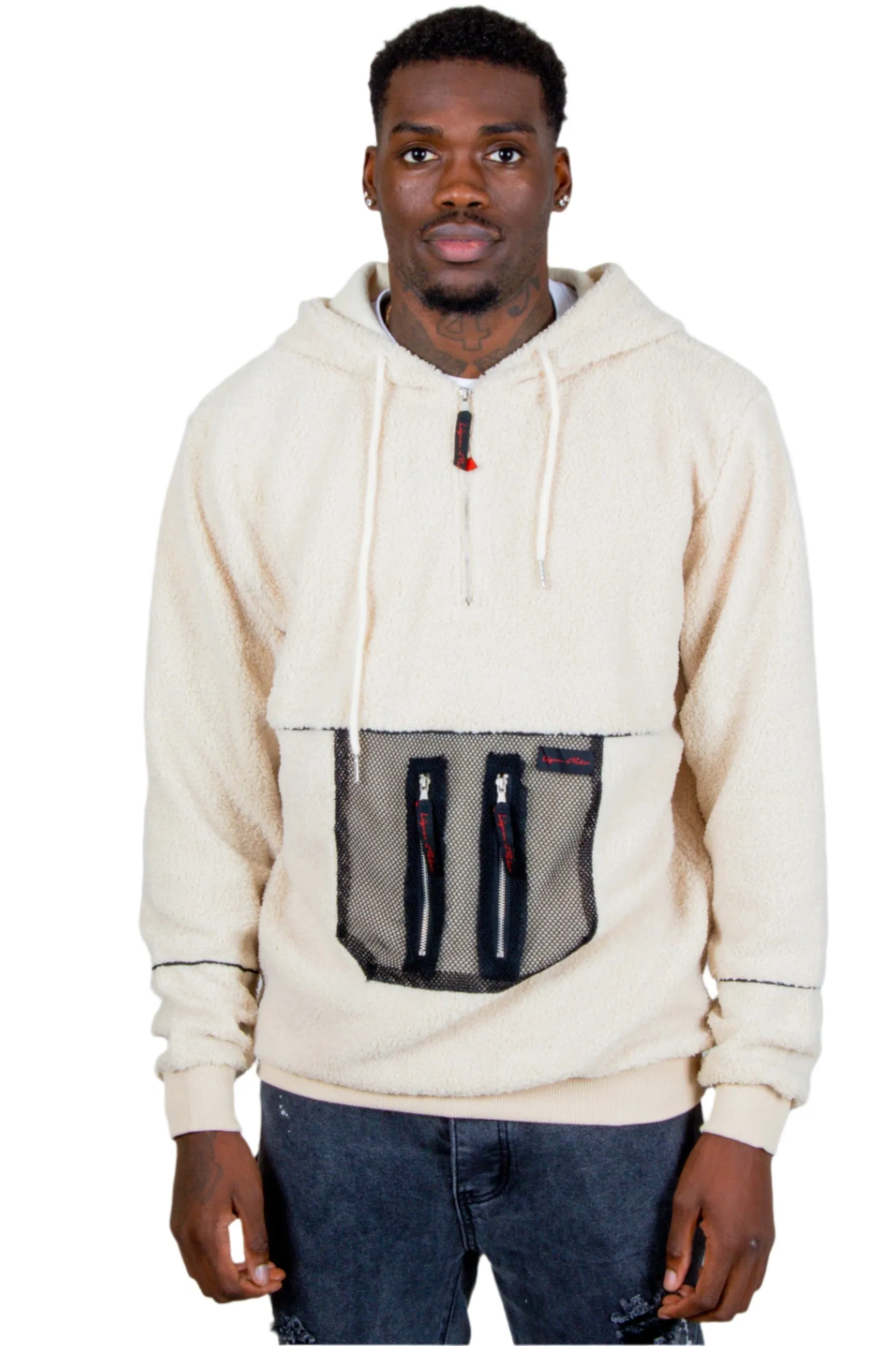 Alaska Borg Hoody With Mesh Pocket In Light Cream