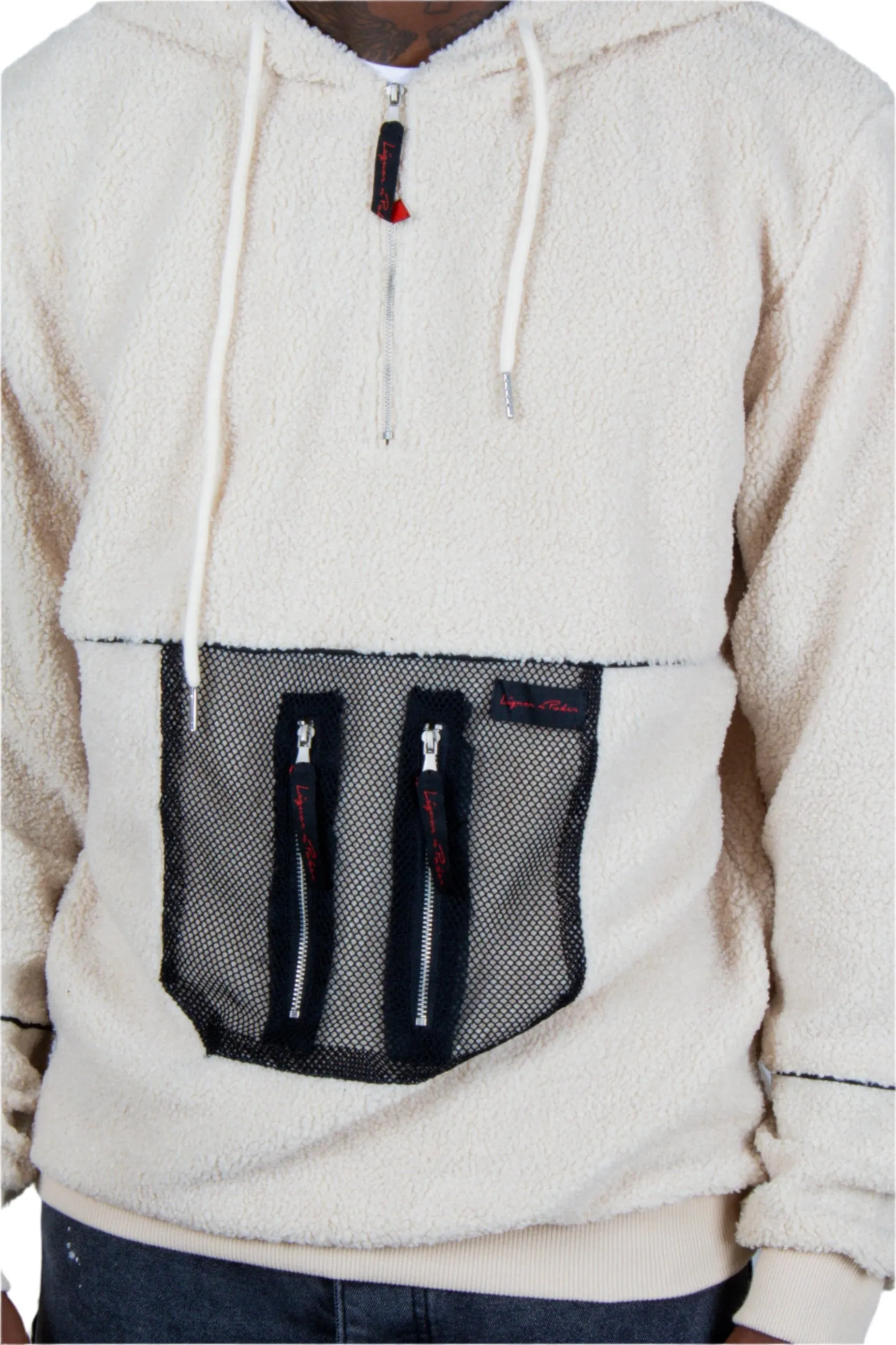 Alaska Borg Hoody With Mesh Pocket In Light Cream