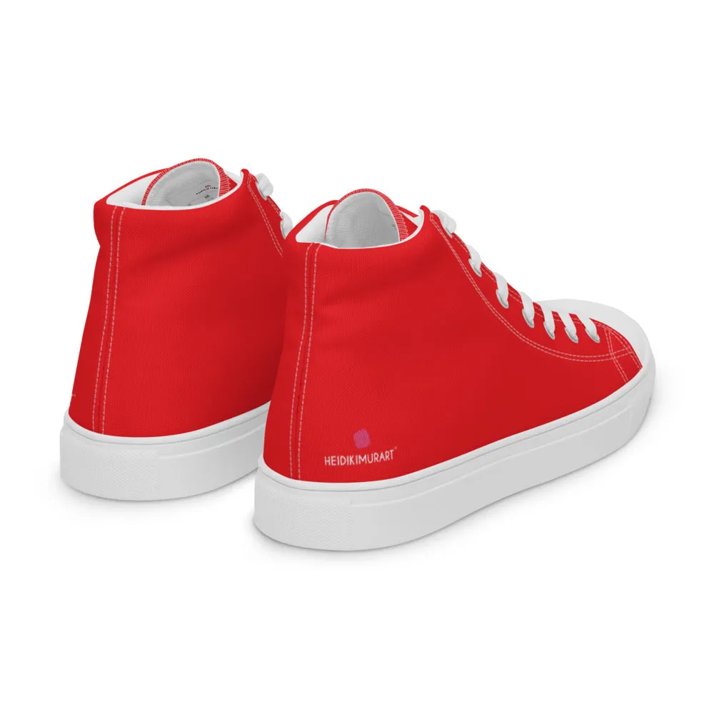 Bright Red Men's High Tops, Solid Red Color Men’s High Top Sneakers Canvas Tennis Shoes With White Laces and Faux Leather Toe Caps (US Size: 5-13)