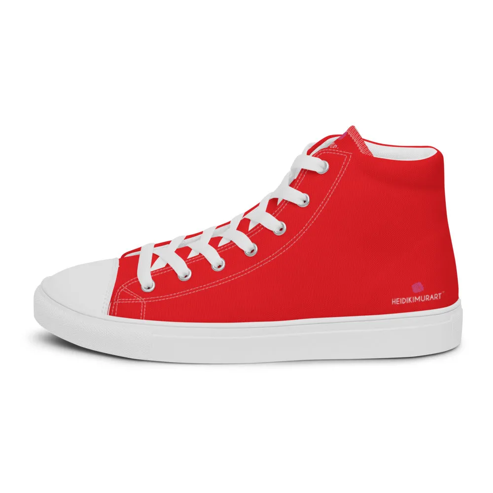 Bright Red Men's High Tops, Solid Red Color Men’s High Top Sneakers Canvas Tennis Shoes With White Laces and Faux Leather Toe Caps (US Size: 5-13)