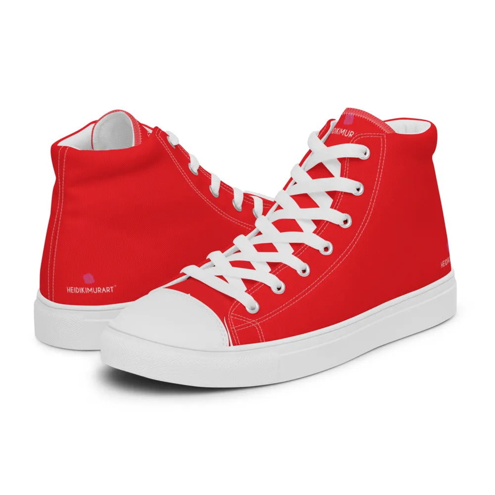 Bright Red Men's High Tops, Solid Red Color Men’s High Top Sneakers Canvas Tennis Shoes With White Laces and Faux Leather Toe Caps (US Size: 5-13)
