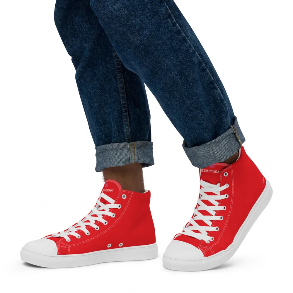 Bright Red Men's High Tops, Solid Red Color Men’s High Top Sneakers Canvas Tennis Shoes With White Laces and Faux Leather Toe Caps (US Size: 5-13)