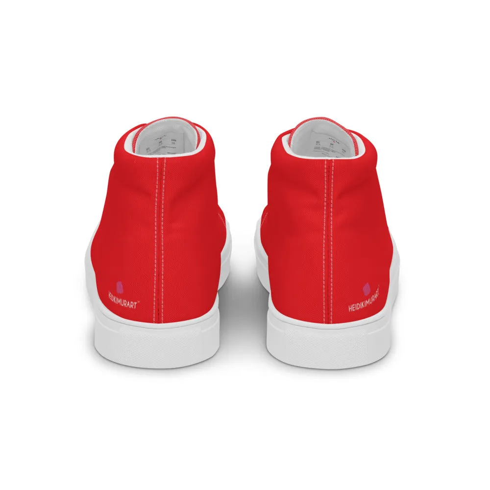Bright Red Men's High Tops, Solid Red Color Men’s High Top Sneakers Canvas Tennis Shoes With White Laces and Faux Leather Toe Caps (US Size: 5-13)