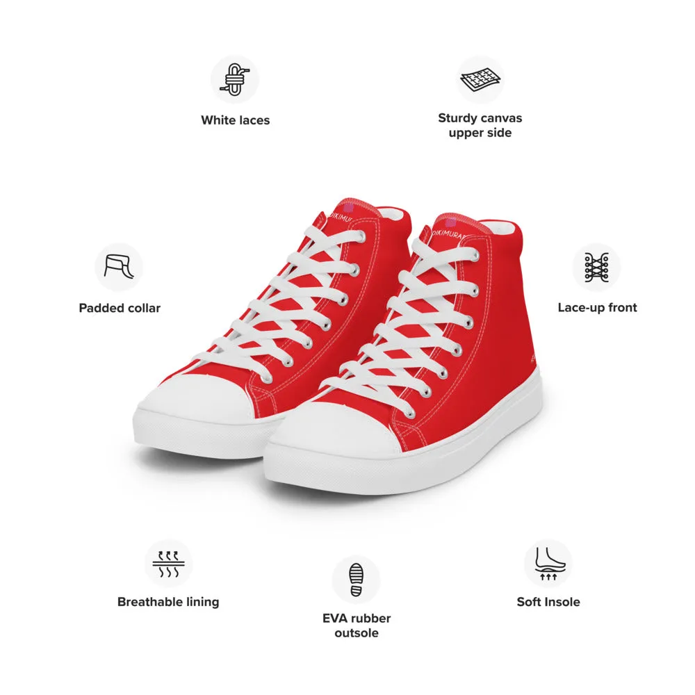 Bright Red Men's High Tops, Solid Red Color Men’s High Top Sneakers Canvas Tennis Shoes With White Laces and Faux Leather Toe Caps (US Size: 5-13)