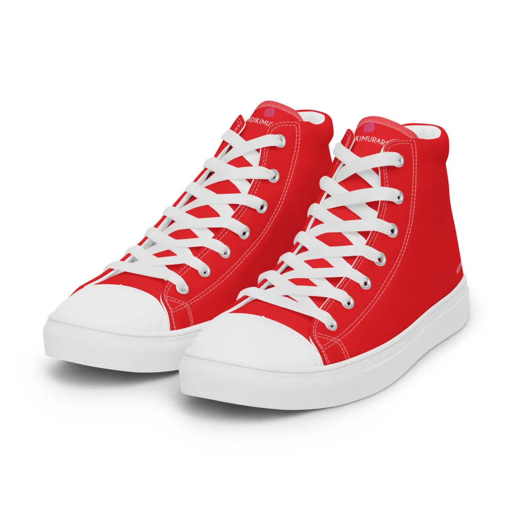 Bright Red Men's High Tops, Solid Red Color Men’s High Top Sneakers Canvas Tennis Shoes With White Laces and Faux Leather Toe Caps (US Size: 5-13)