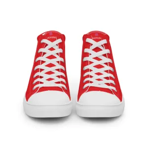 Bright Red Men's High Tops, Solid Red Color Men’s High Top Sneakers Canvas Tennis Shoes With White Laces and Faux Leather Toe Caps (US Size: 5-13)