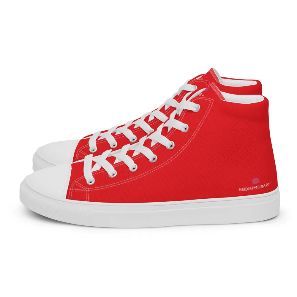 Bright Red Men's High Tops, Solid Red Color Men’s High Top Sneakers Canvas Tennis Shoes With White Laces and Faux Leather Toe Caps (US Size: 5-13)