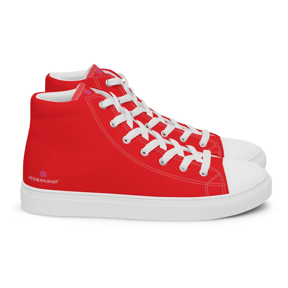 Bright Red Men's High Tops, Solid Red Color Men’s High Top Sneakers Canvas Tennis Shoes With White Laces and Faux Leather Toe Caps (US Size: 5-13)