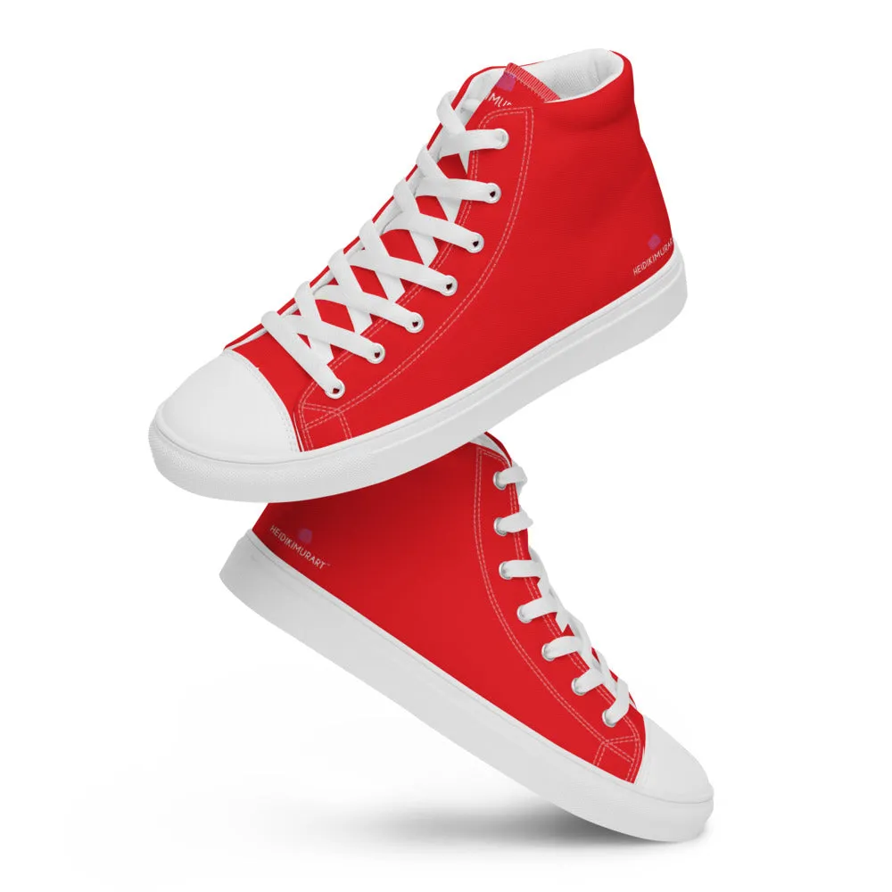 Bright Red Men's High Tops, Solid Red Color Men’s High Top Sneakers Canvas Tennis Shoes With White Laces and Faux Leather Toe Caps (US Size: 5-13)