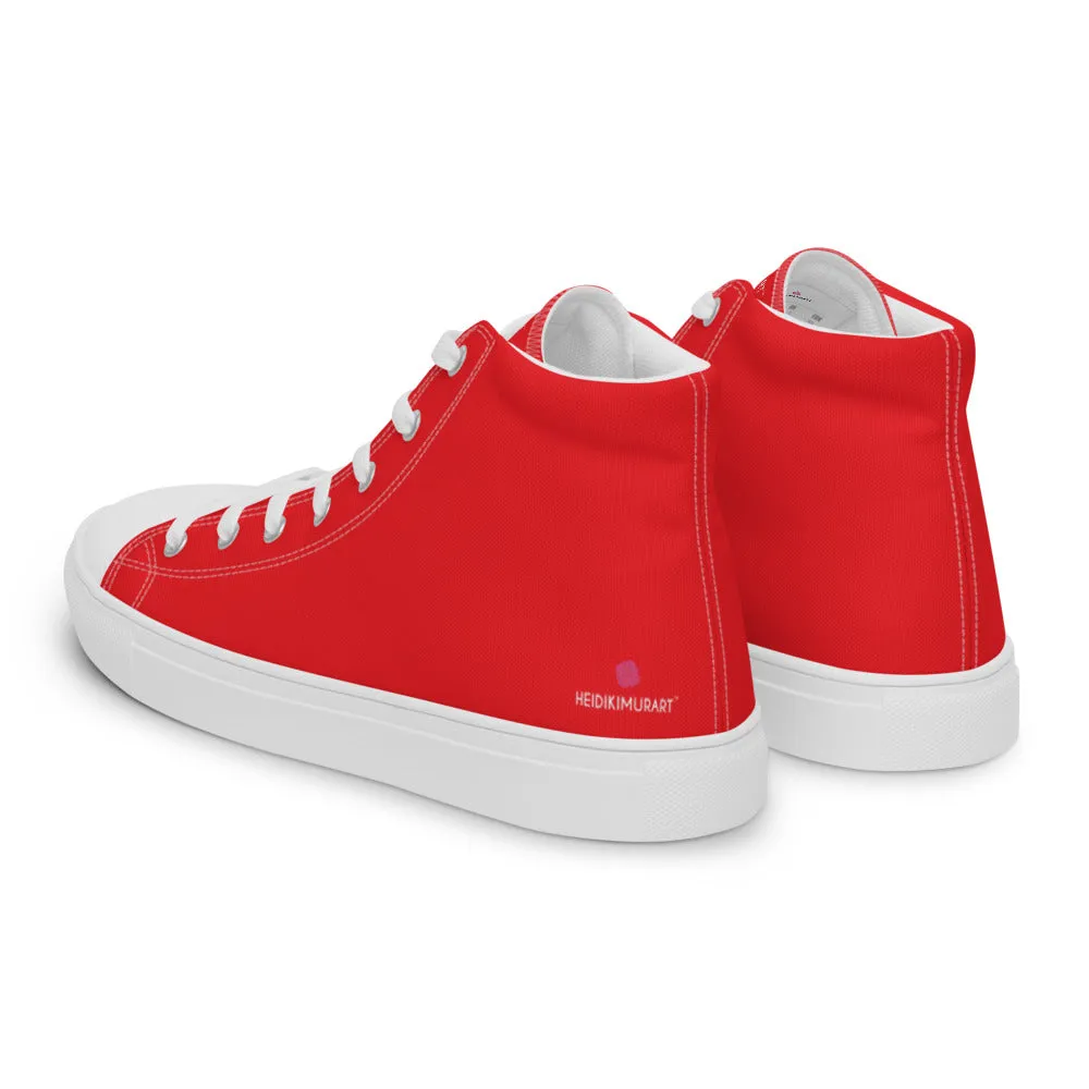 Bright Red Men's High Tops, Solid Red Color Men’s High Top Sneakers Canvas Tennis Shoes With White Laces and Faux Leather Toe Caps (US Size: 5-13)