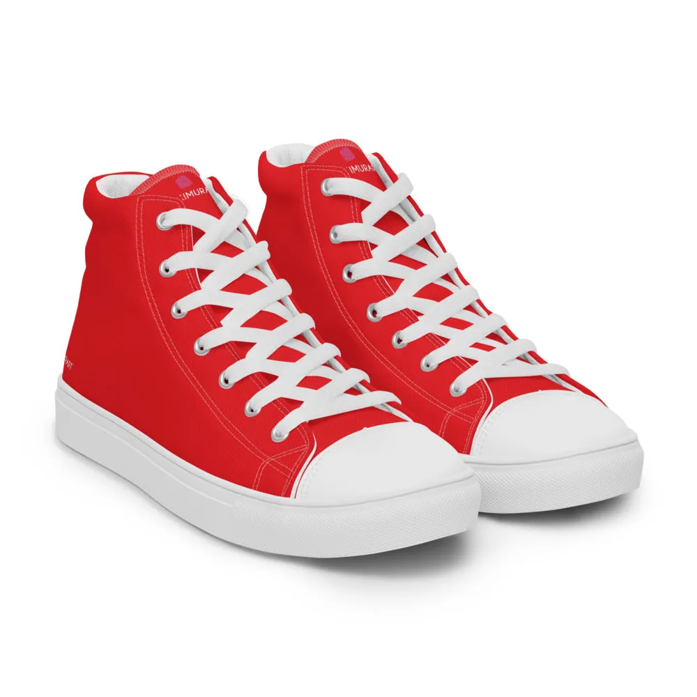 Bright Red Men's High Tops, Solid Red Color Men’s High Top Sneakers Canvas Tennis Shoes With White Laces and Faux Leather Toe Caps (US Size: 5-13)
