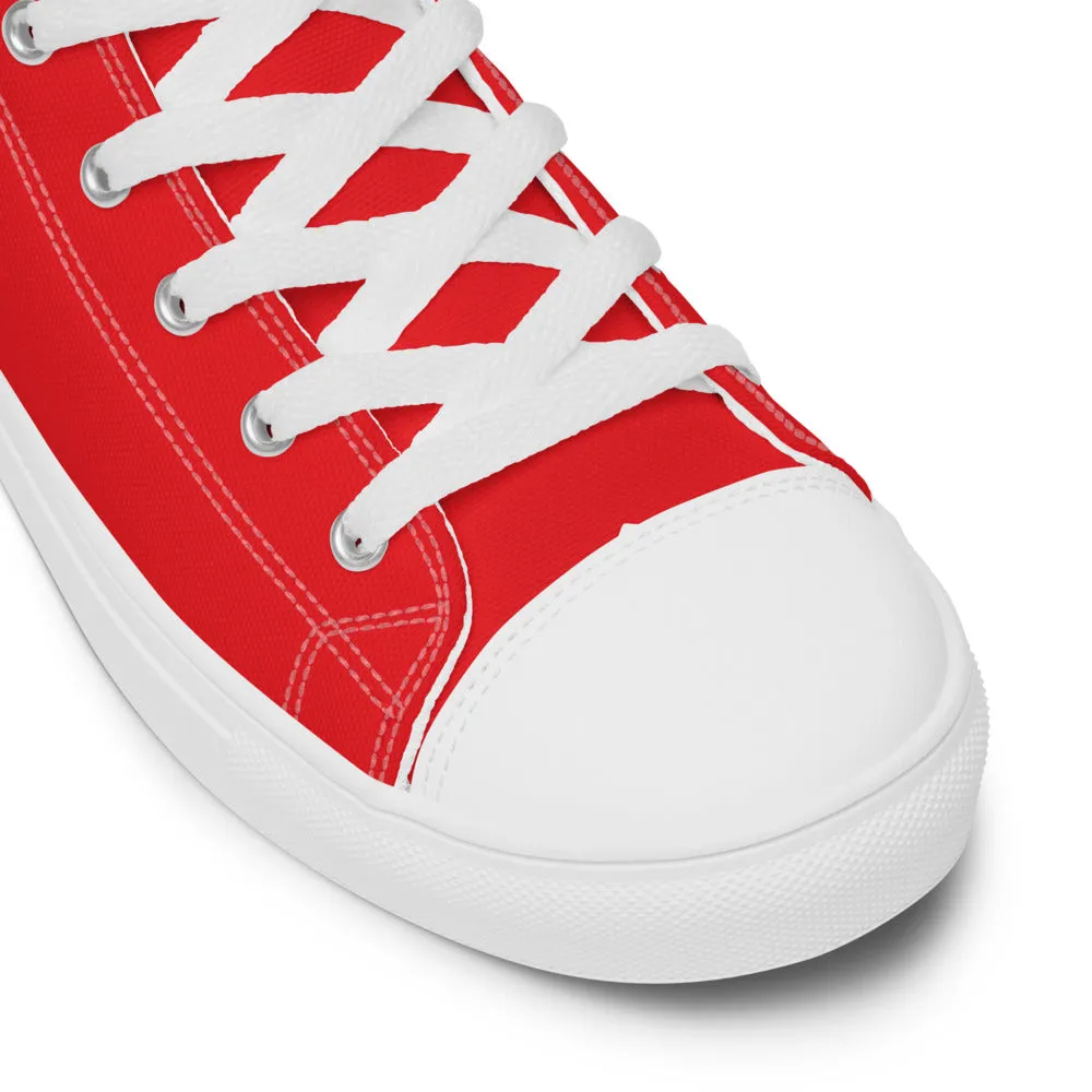 Bright Red Men's High Tops, Solid Red Color Men’s High Top Sneakers Canvas Tennis Shoes With White Laces and Faux Leather Toe Caps (US Size: 5-13)