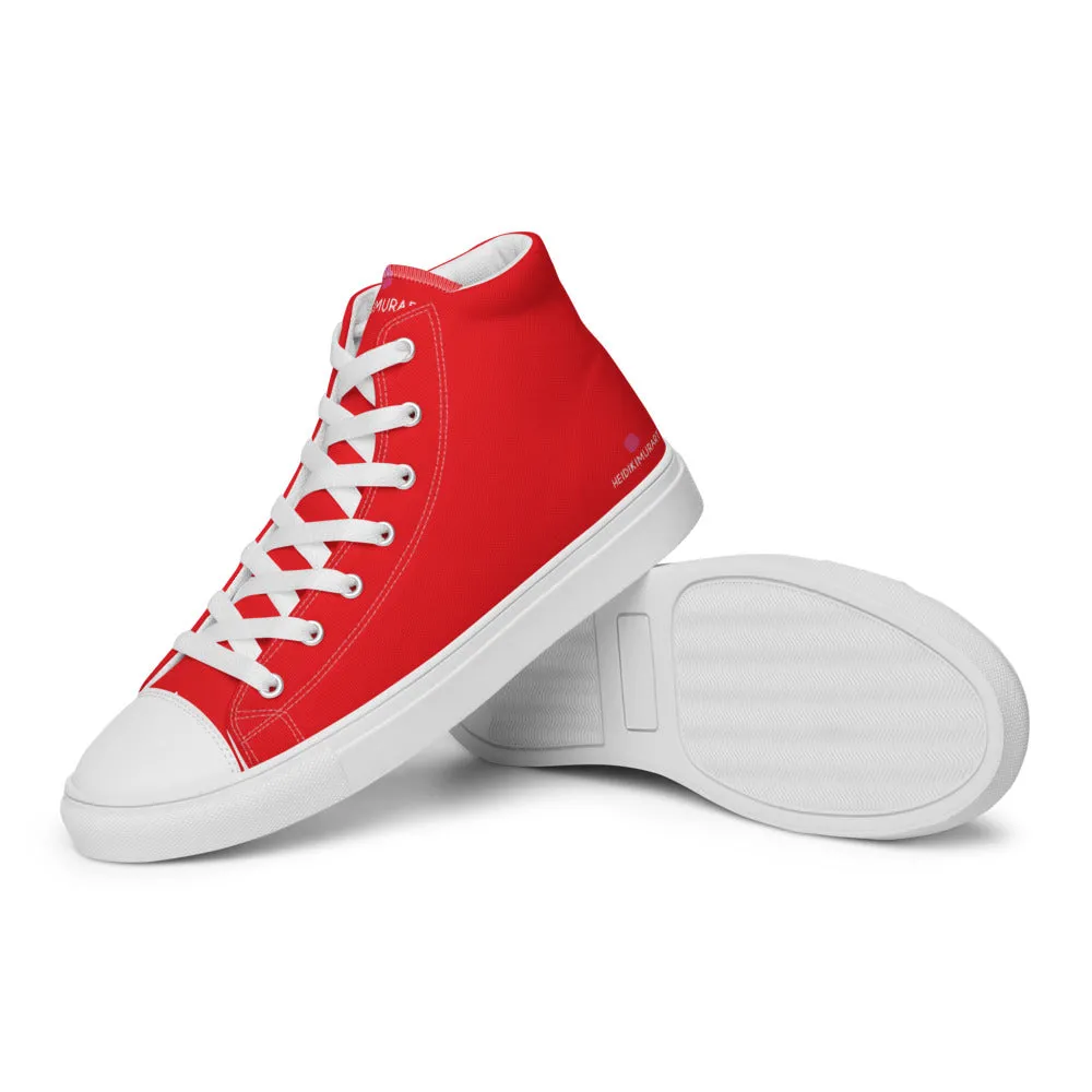 Bright Red Men's High Tops, Solid Red Color Men’s High Top Sneakers Canvas Tennis Shoes With White Laces and Faux Leather Toe Caps (US Size: 5-13)