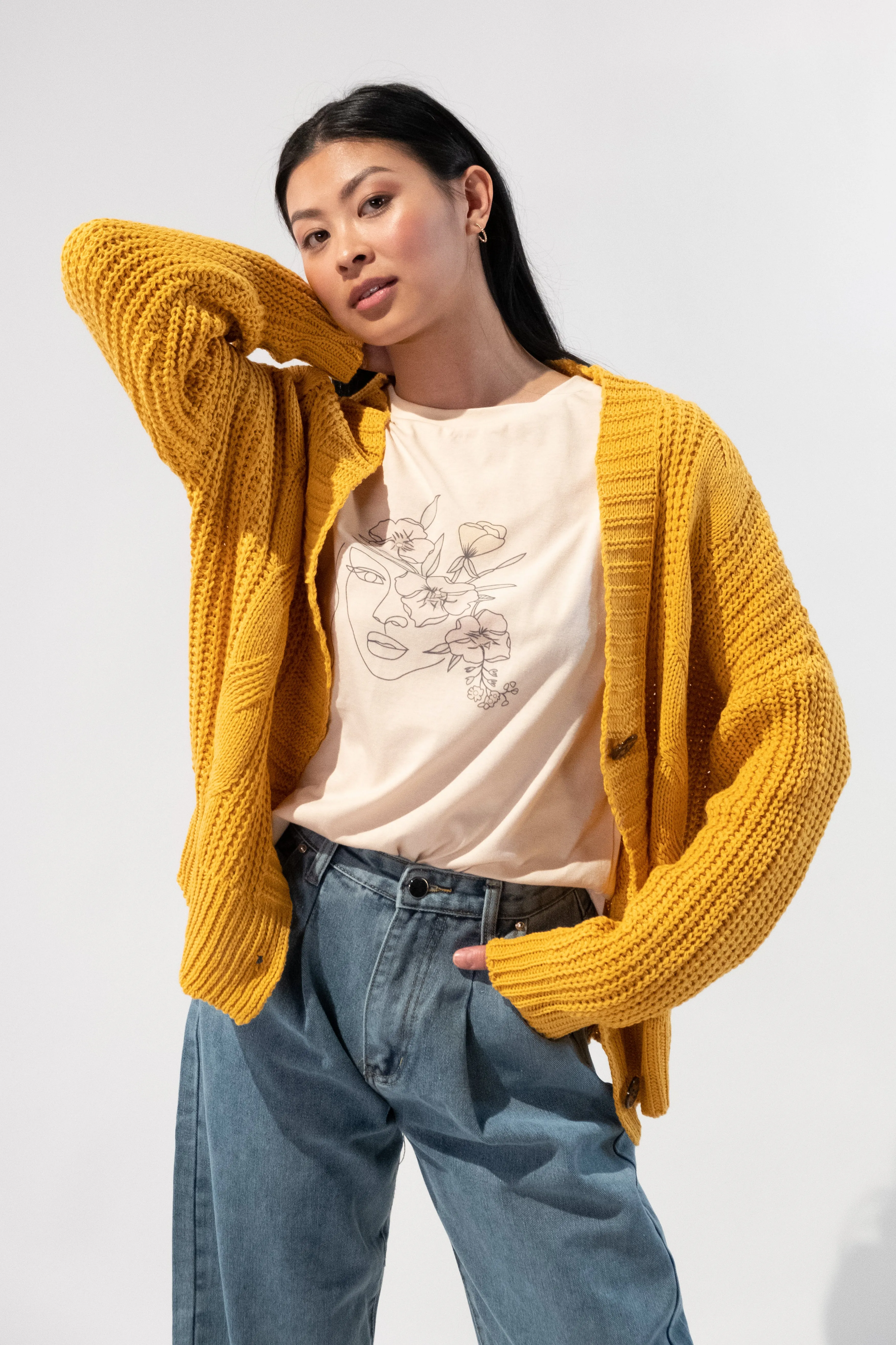 Cable Knit Button Oversized Cardigan