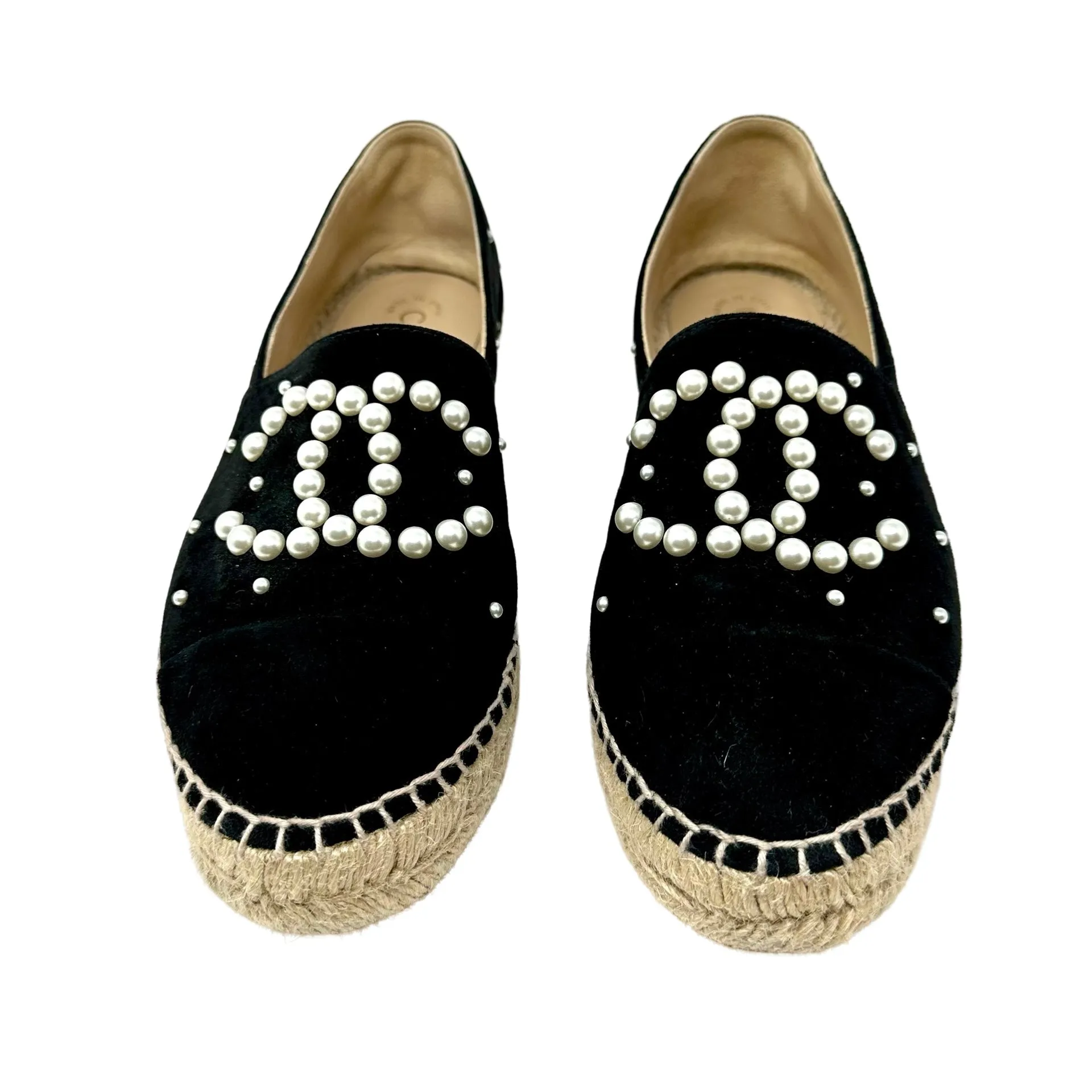 CHANEL Black Suede Pearl CC Espadrille Flats 9.5 | 40