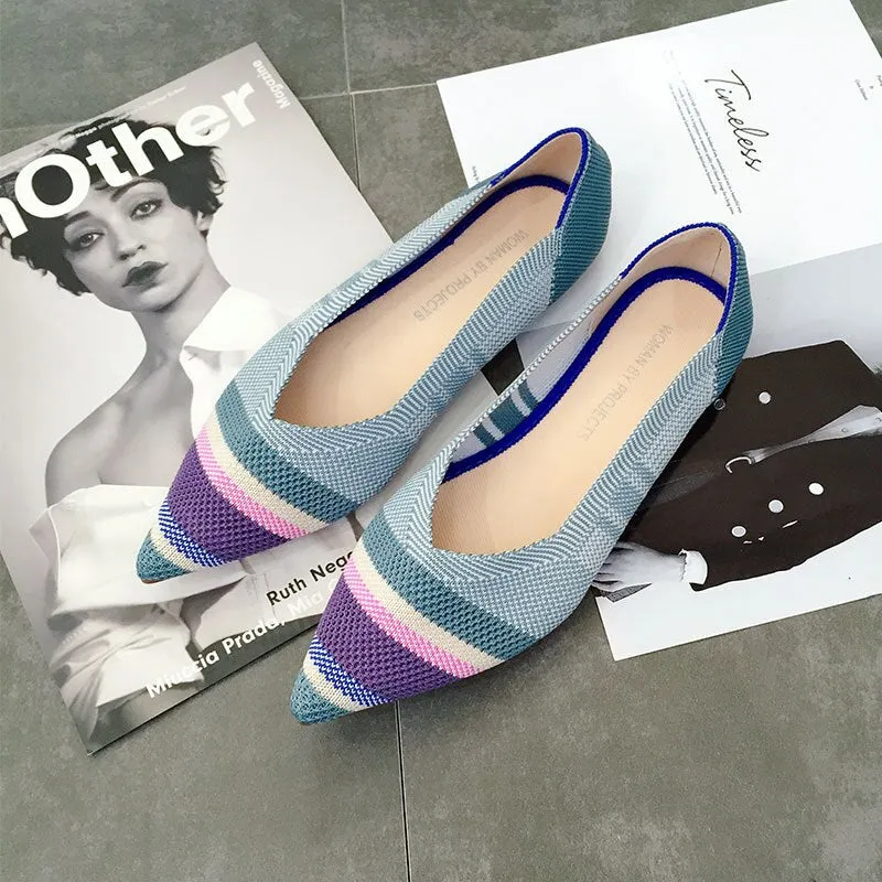 Color Casual Soft  Breathable Knit Pointed Shoes Women's Flat