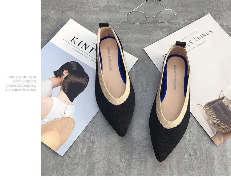 Color Casual Soft  Breathable Knit Pointed Shoes Women's Flat