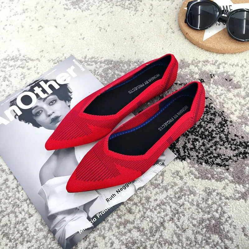 Color Casual Soft  Breathable Knit Pointed Shoes Women's Flat