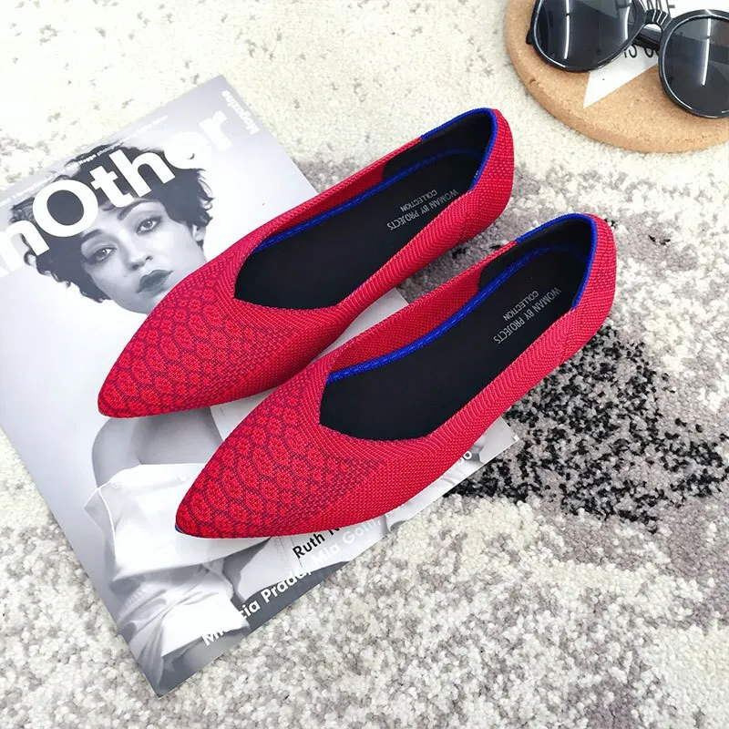 Color Casual Soft  Breathable Knit Pointed Shoes Women's Flat