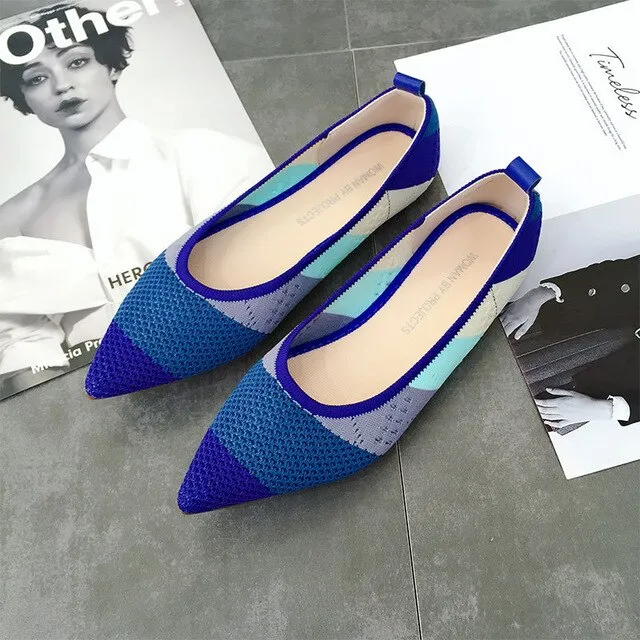 Color Casual Soft  Breathable Knit Pointed Shoes Women's Flat