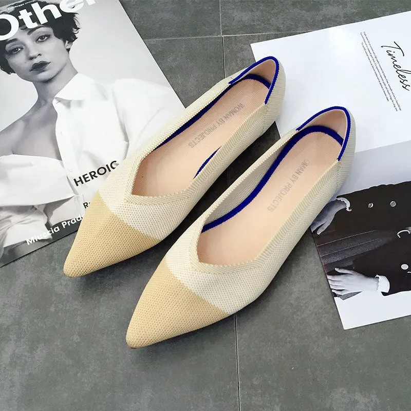Color Casual Soft  Breathable Knit Pointed Shoes Women's Flat