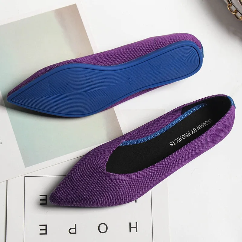 Color Casual Soft  Breathable Knit Pointed Shoes Women's Flat