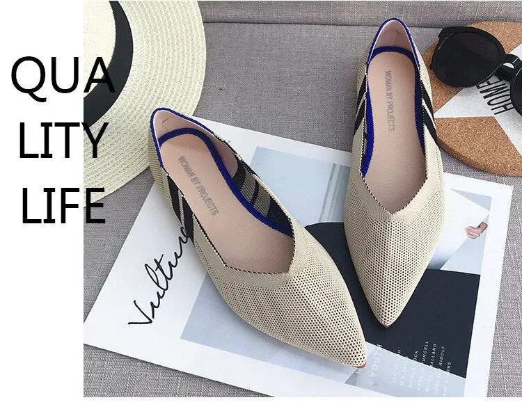 Color Casual Soft  Breathable Knit Pointed Shoes Women's Flat