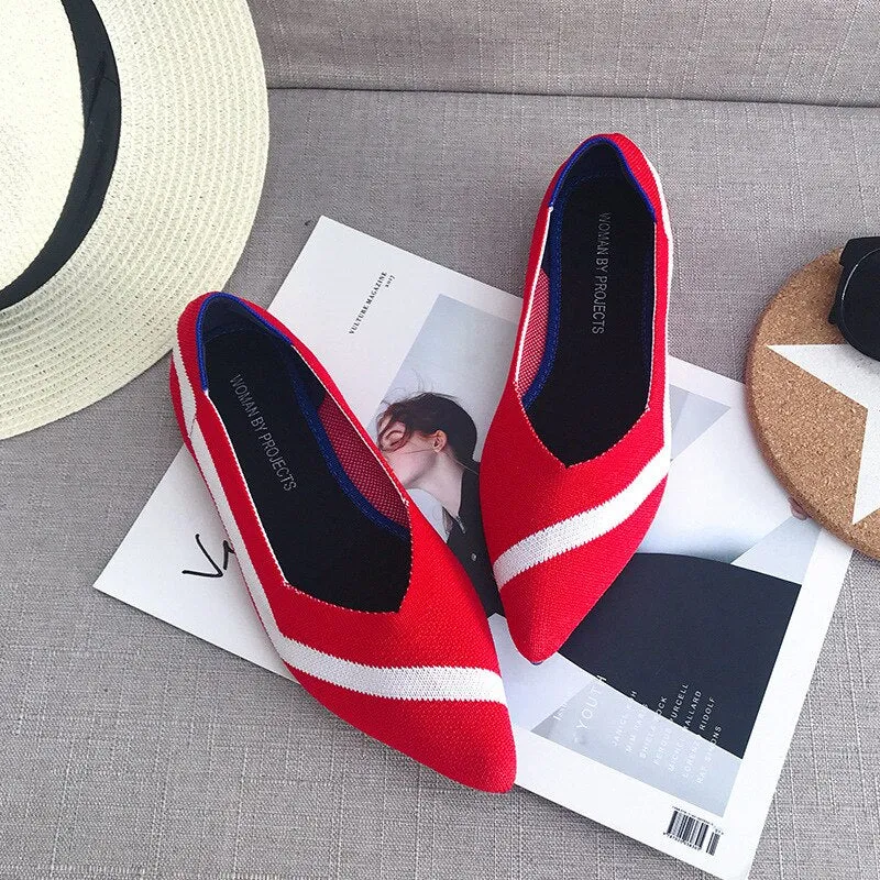 Color Casual Soft  Breathable Knit Pointed Shoes Women's Flat