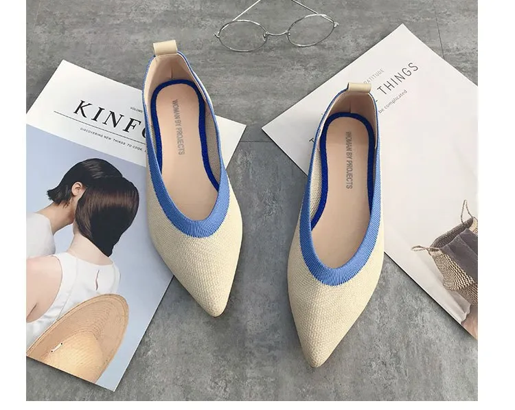 Color Casual Soft  Breathable Knit Pointed Shoes Women's Flat