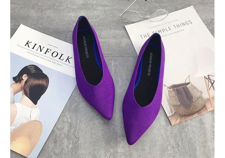 Color Casual Soft  Breathable Knit Pointed Shoes Women's Flat