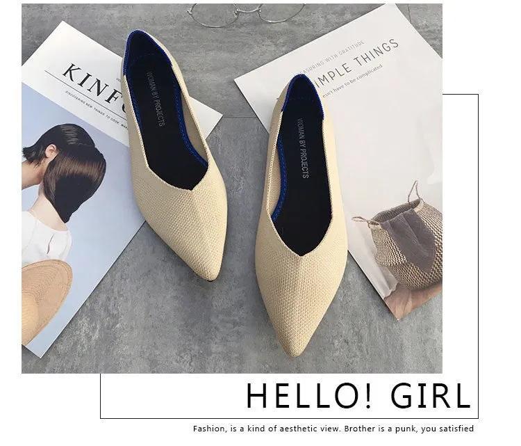 Color Casual Soft  Breathable Knit Pointed Shoes Women's Flat