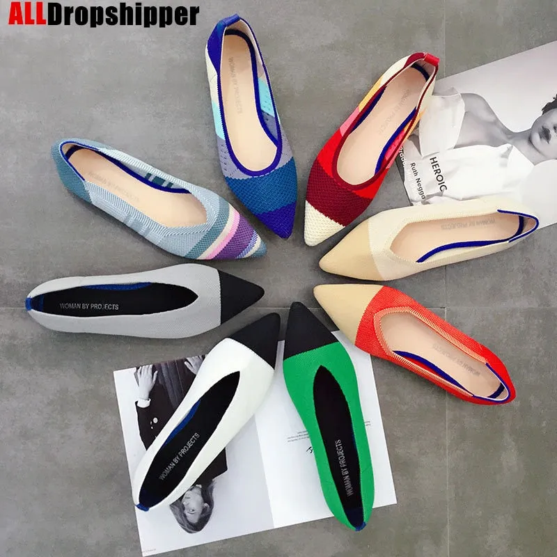 Color Casual Soft  Breathable Knit Pointed Shoes Women's Flat