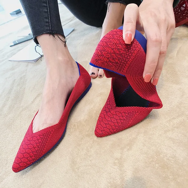 Color Casual Soft  Breathable Knit Pointed Shoes Women's Flat