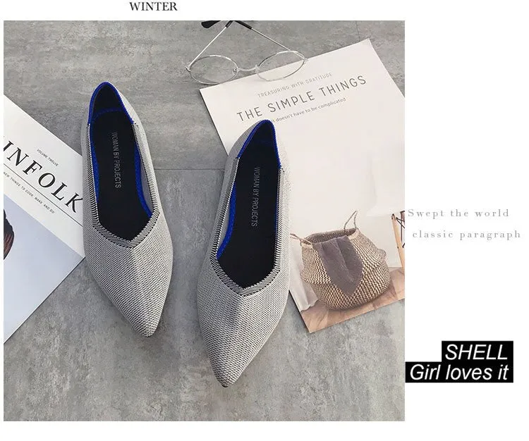 Color Casual Soft  Breathable Knit Pointed Shoes Women's Flat