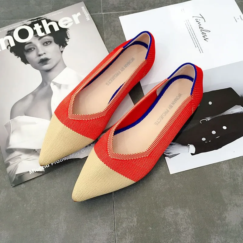 Color Casual Soft  Breathable Knit Pointed Shoes Women's Flat
