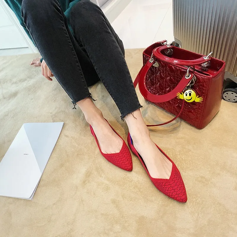 Color Casual Soft  Breathable Knit Pointed Shoes Women's Flat