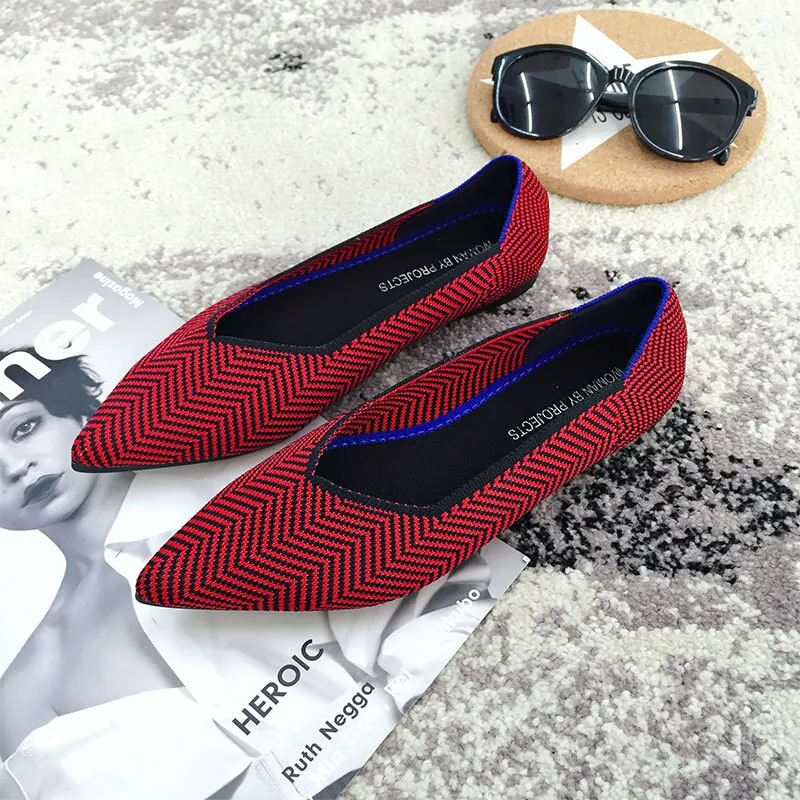 Color Casual Soft  Breathable Knit Pointed Shoes Women's Flat