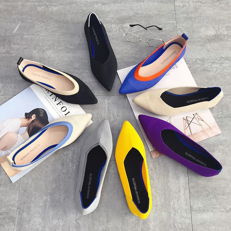 Color Casual Soft  Breathable Knit Pointed Shoes Women's Flat