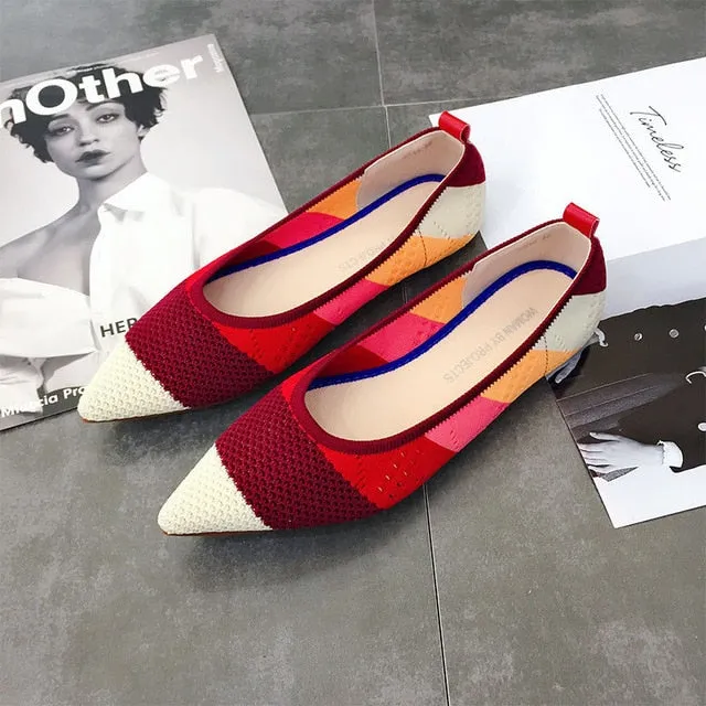Color Casual Soft  Breathable Knit Pointed Shoes Women's Flat