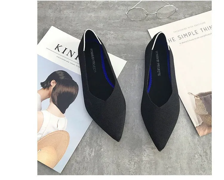 Color Casual Soft  Breathable Knit Pointed Shoes Women's Flat