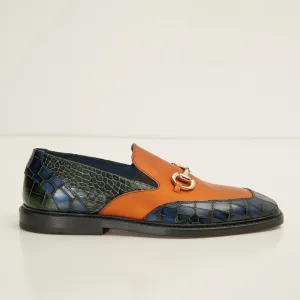 Croc Embossed Leather And Gold Metal Bit Loafer - Navy Orange