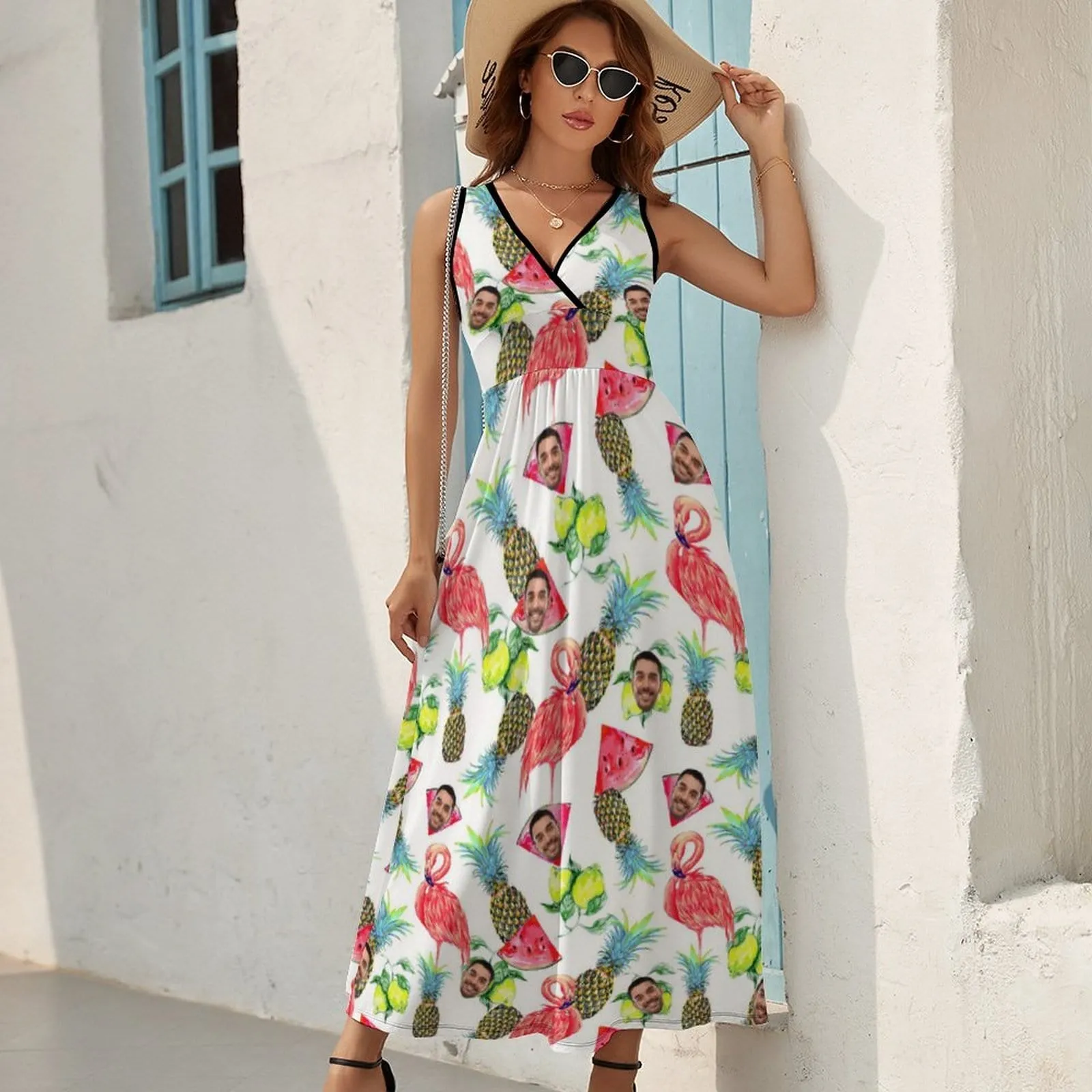 Custom Face Flamingo Watermelon Women's Sleeveless Dress Personalized Sundress